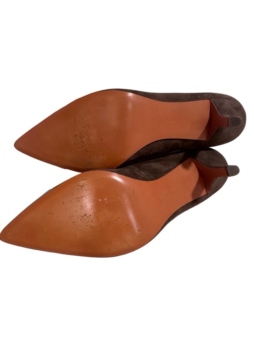 COACH Zan Brown Suede Metallic Cap Toe Pointed Pumps Heels Silver - Size 9B GUC - Picture 16 of 17